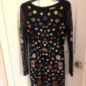 black floral patch embroidered long sleeve dress